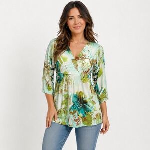 Simply Irresistible Tunic Top Small Turquoise Green Floral Empire Waist V-Neck